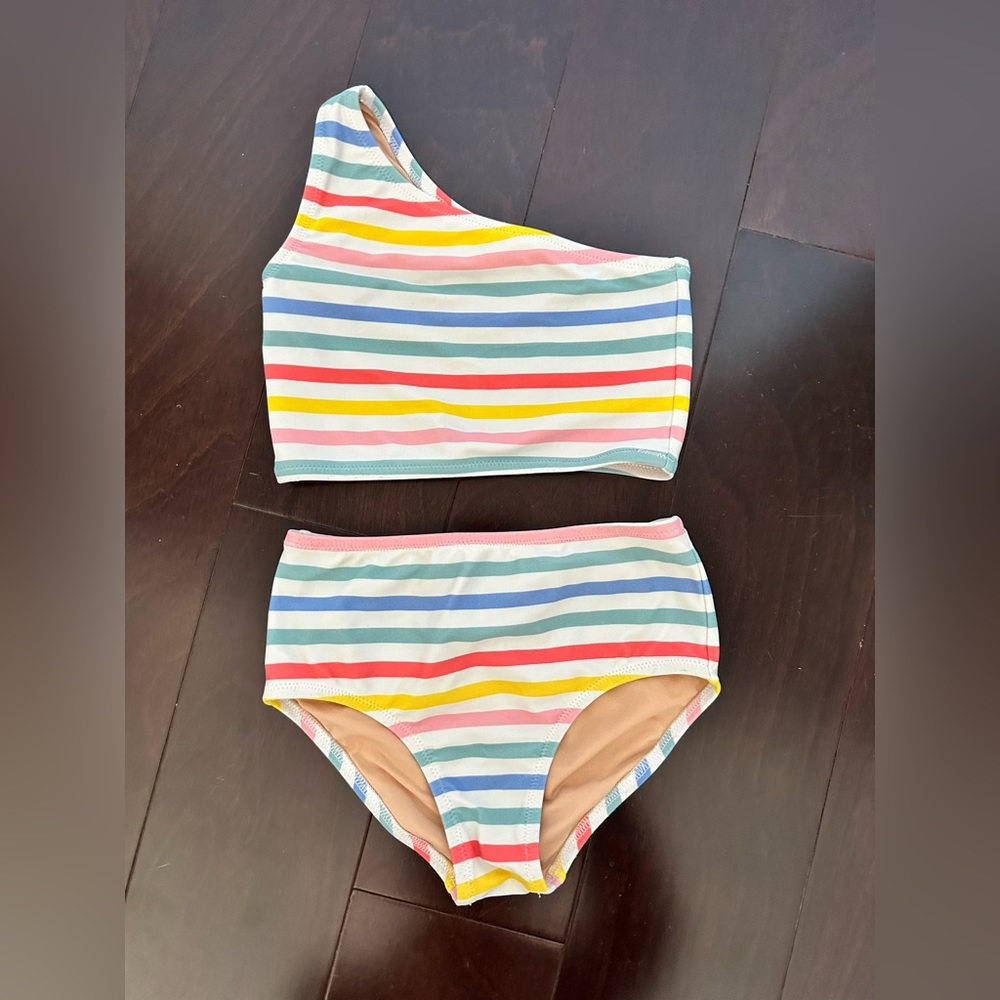 J Crew rainbow stripe one shoulder swim set, size 4-5y
